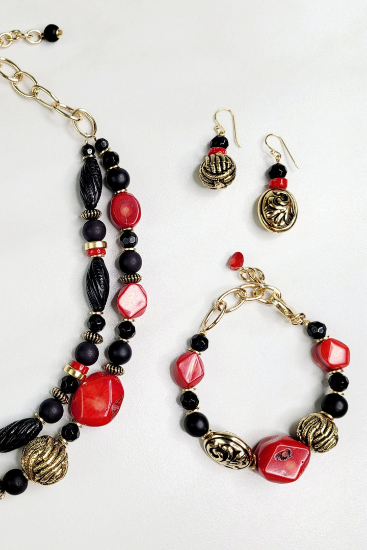 Bijou Red Bamboo Coral and Vintage Statement Earrings