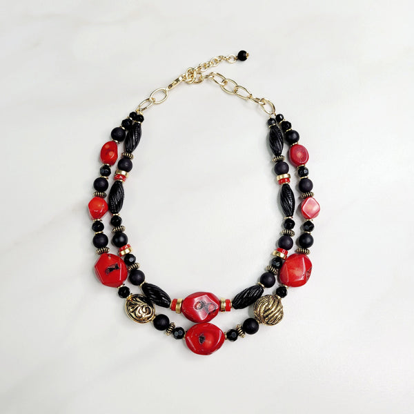 Bijou Red Bamboo Coral and Vintage Statement Necklace