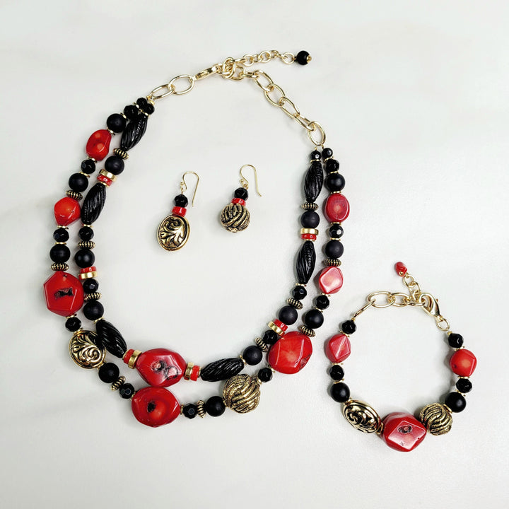 Bijou Red Bamboo Coral and Vintage Statement Necklace