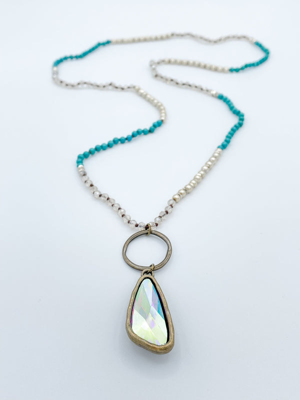 Blue and Gold Dreams Long Necklace with Crystal Pendant