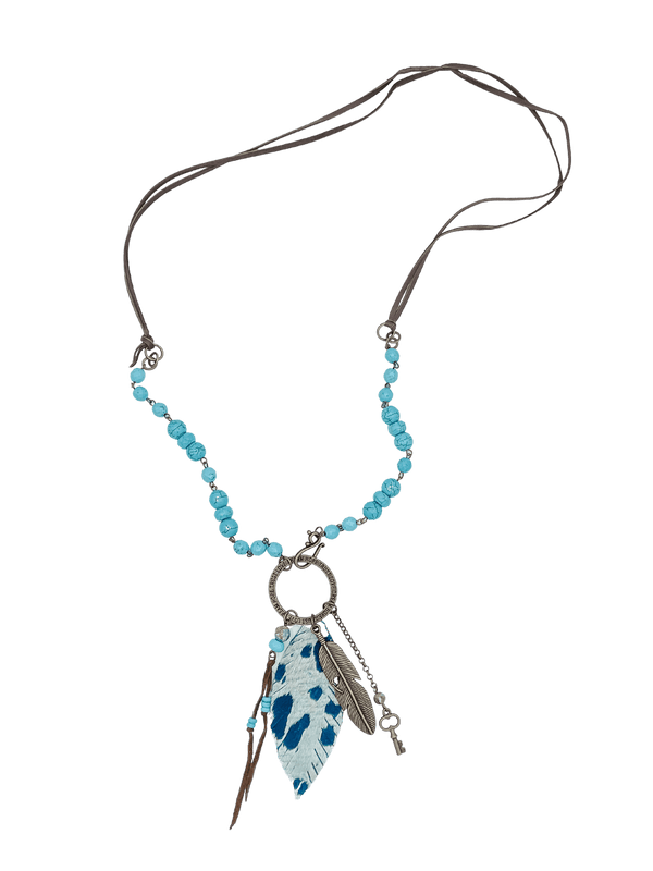 Blue Beaded Necklace with Feather, Key and Tassel