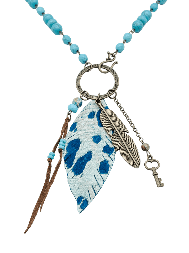 Blue Beaded Necklace with Feather, Key and Tassel