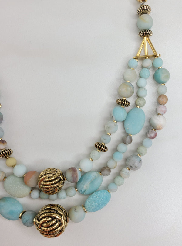 Handmade Three Strand Amazonite Necklace with Vintage Elements