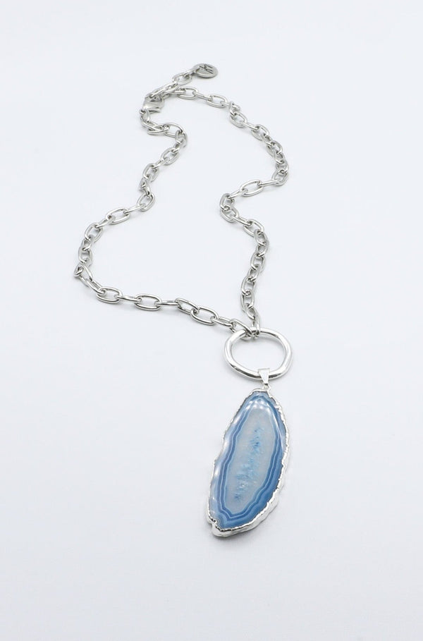 Blue Geode Slice on Silver Necklace