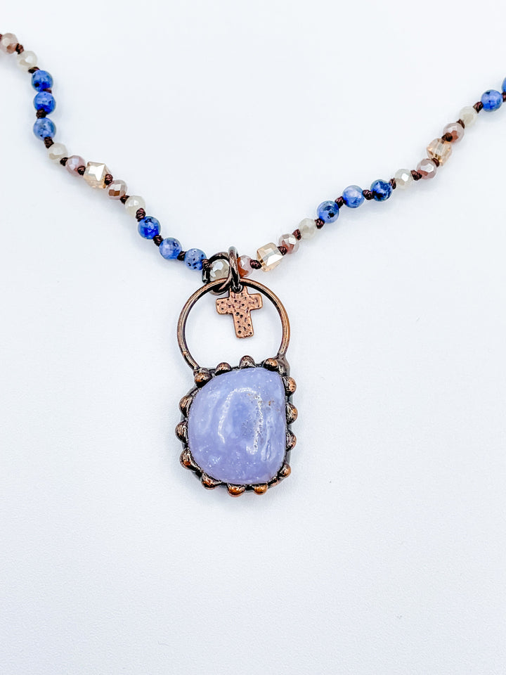 Blue  Stone Pendant with Little Cross on Long Beaded Necklace