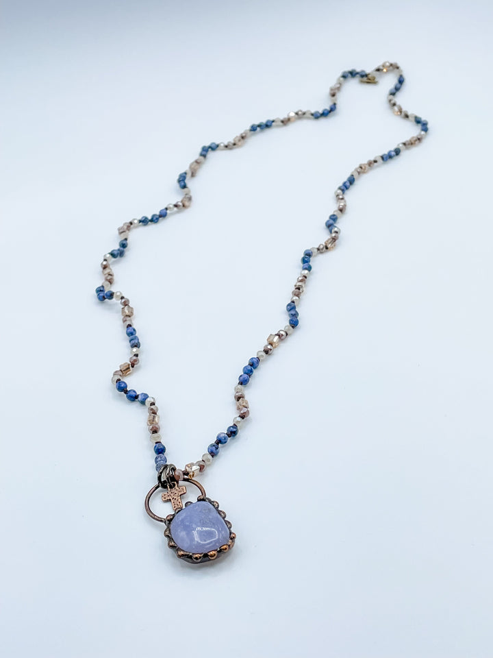 Blue  Stone Pendant with Little Cross on Long Beaded Necklace