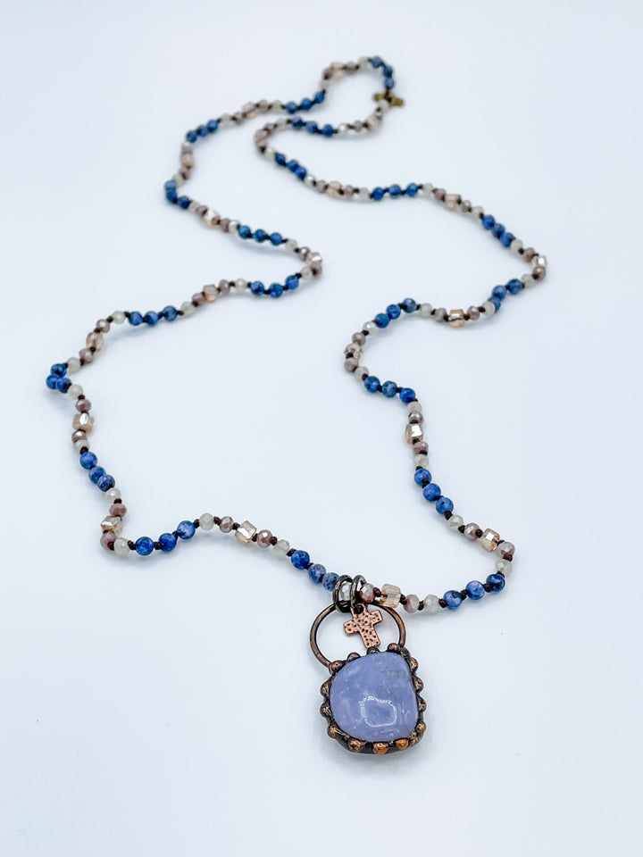 Blue  Stone Pendant with Little Cross on Long Beaded Necklace