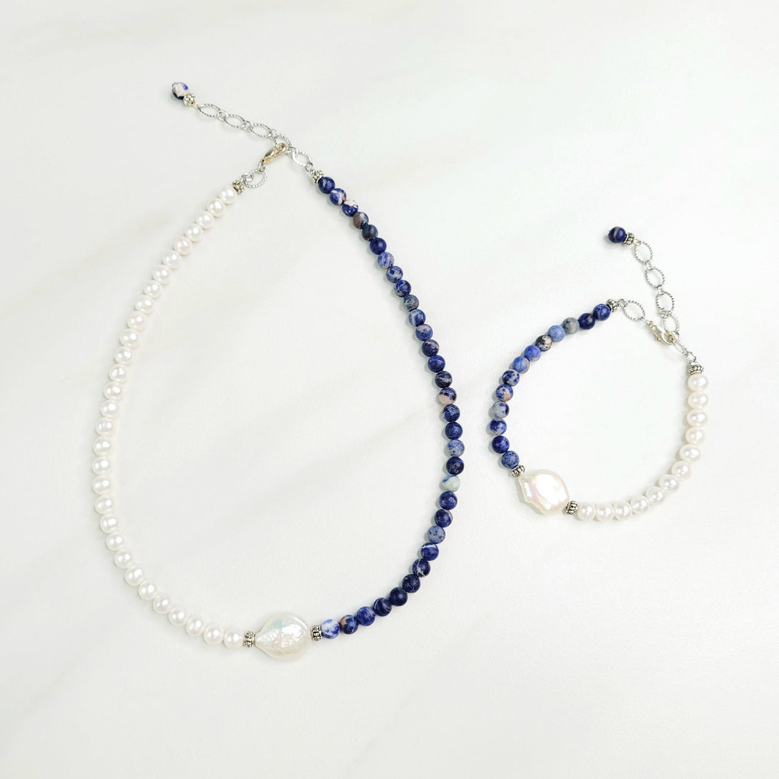 Blue Surf Necklace with Blue Sodalite Beads and Freshwater Pearls