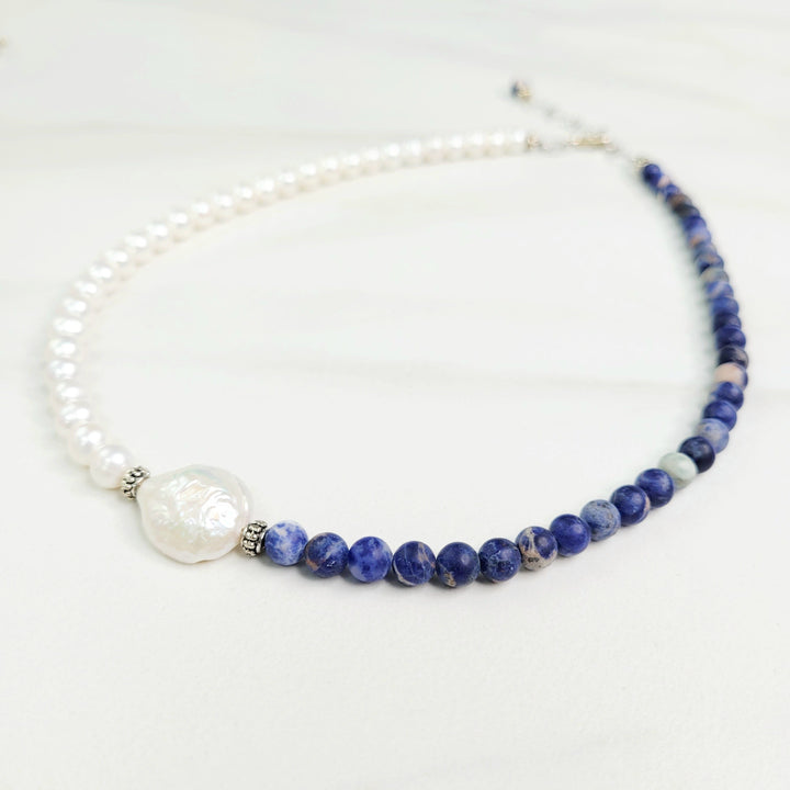 Blue Surf Necklace with Blue Sodalite Beads and Freshwater Pearls