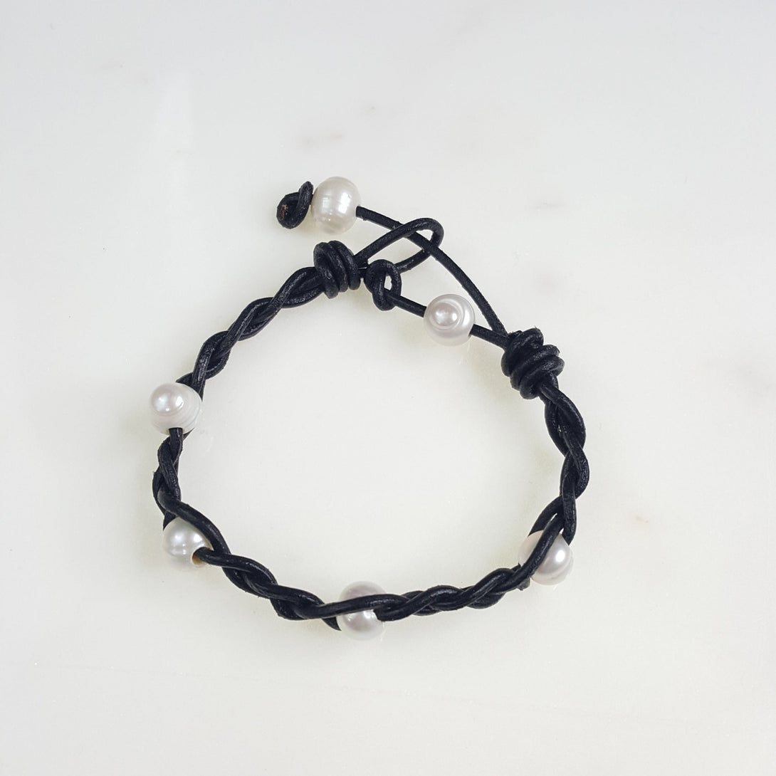 Braided Leather and Pearl Bracelet