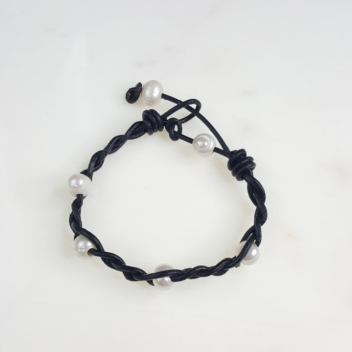 Braided Leather and Pearl Bracelet