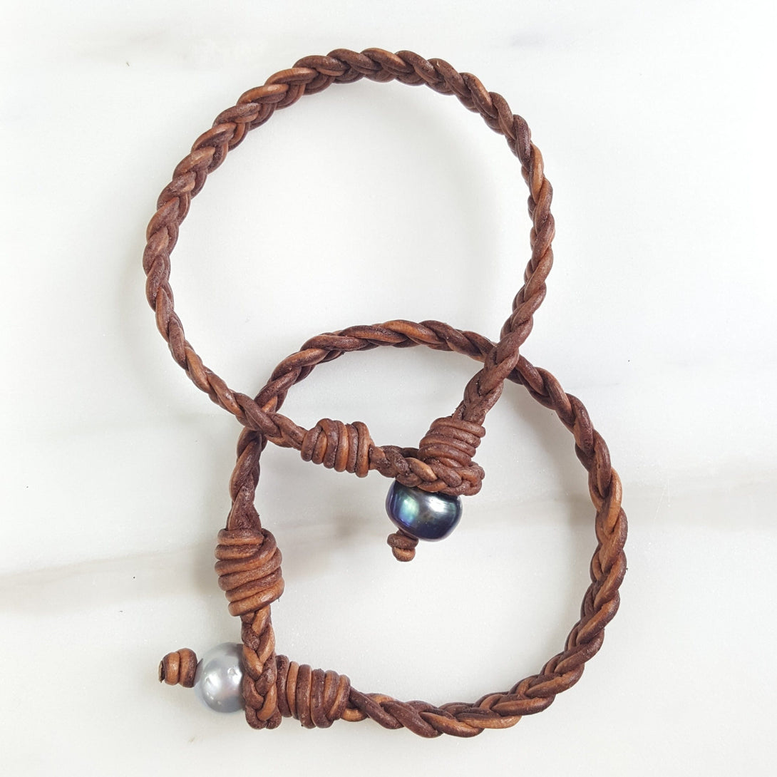 Braided Leather Bracelet with Pearl Clasp