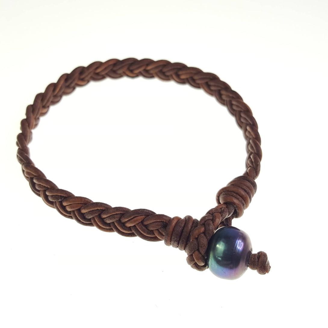 Braided Leather Bracelet with Pearl Clasp