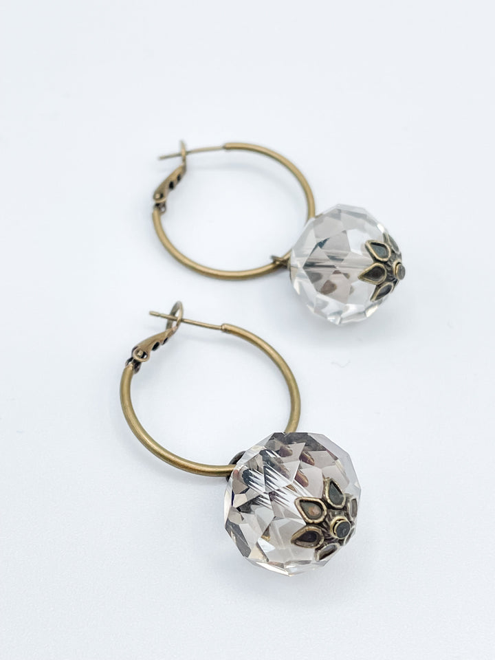 Bronze Hoop Earrings with Faceted Crystal Ball