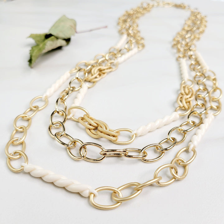 Brooklyn Three Strand Necklace with Vintage Elements and Gold Plated Chain