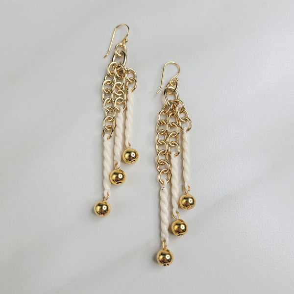 Cascade Earrings with Three Strands of Gold Plated Chain and Vintage Ivory Swirl Beads