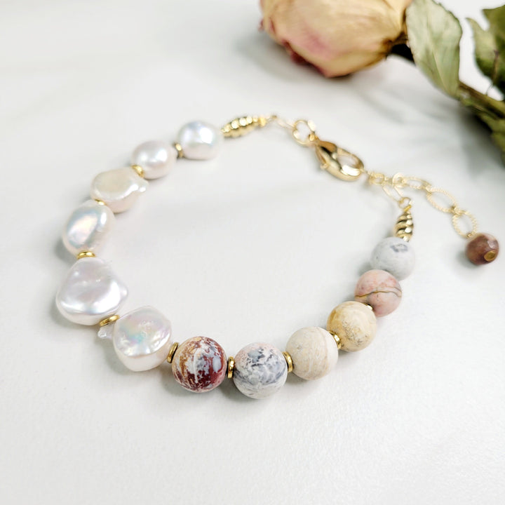 Cassiopeia Starlight Bracelet with Luminous Freshwater Pearls and Jasper Gemstones