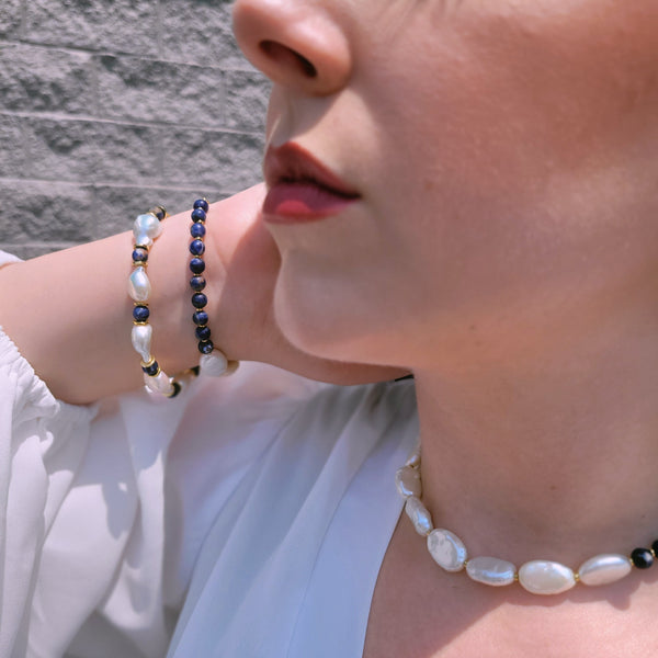 Freshwater Pearl and Lapis Lazuli Handmade Bracelet