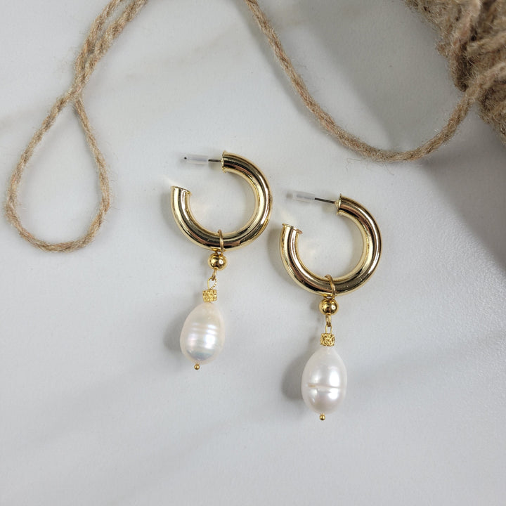 Handmade Thick Hoop Earrings with Dangling Baroque Freshwater Pearls