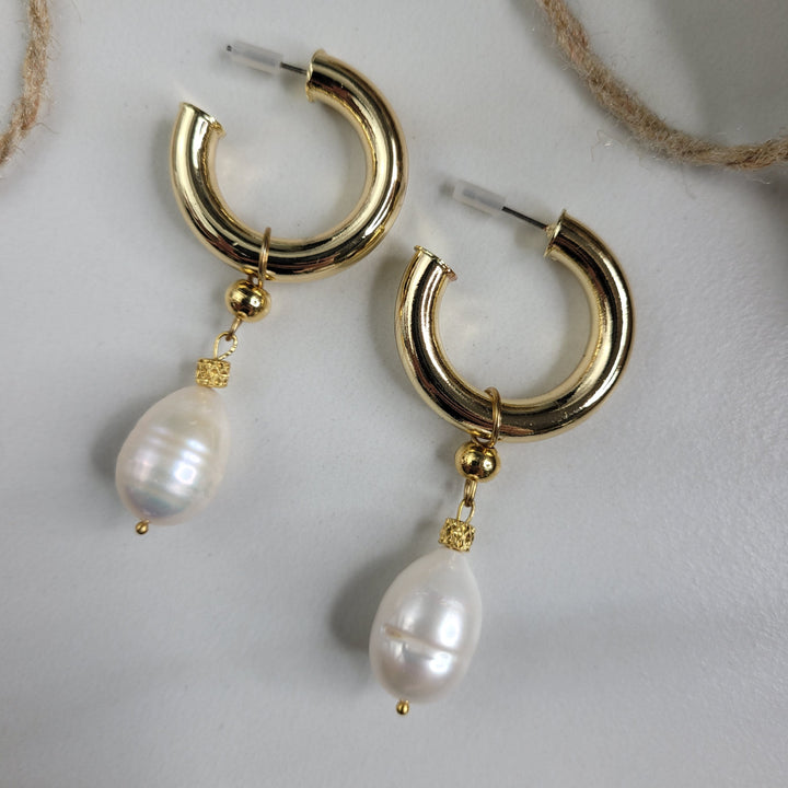Cordelia Earrings Handmade with Thick Gold Plated Hoops and Baroque Freshwater Pearls
