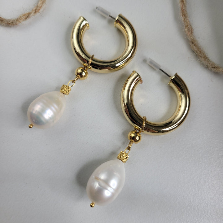 Cordelia Earrings Handmade with Thick Gold Plated Hoops and Baroque Freshwater Pearls
