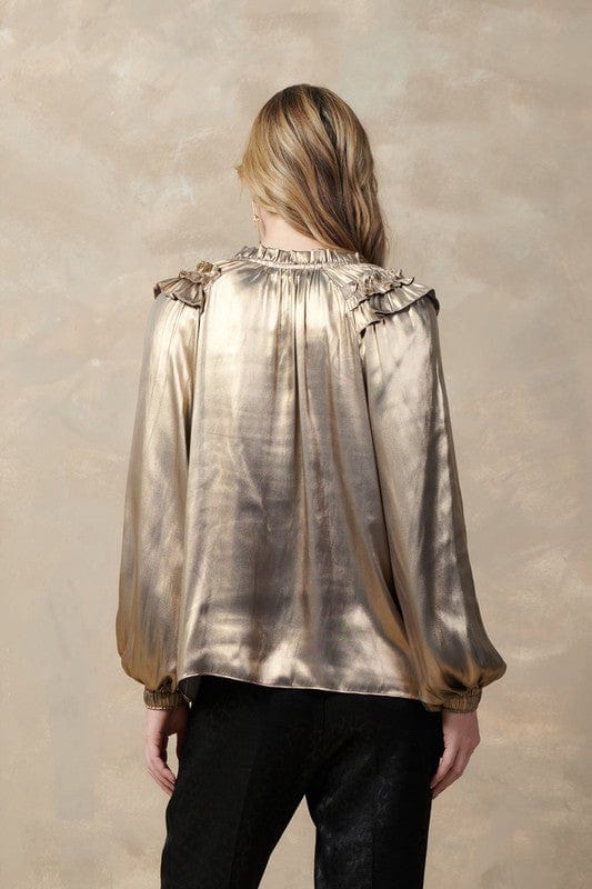 Current Air Split Neck Metallic Foil Blouse with Ruffle