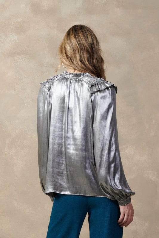 Current Air Split Neck Metallic Foil Blouse with Ruffle