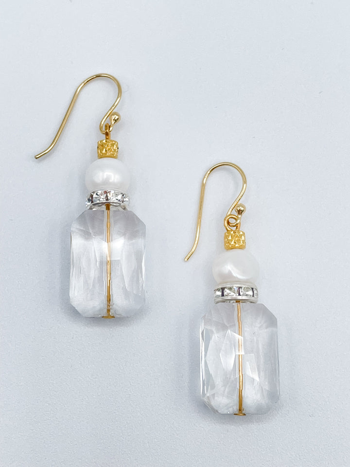 Dangle Earrings with Pearl and Large Clear Faceted Crystal