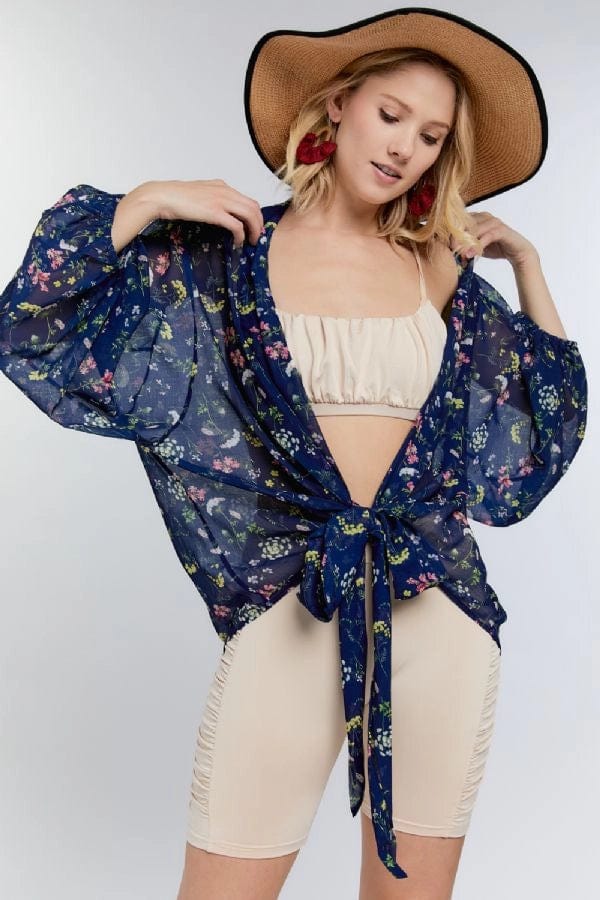 Davi & Dani Floral Print Kimono Cardigan with Front Tie