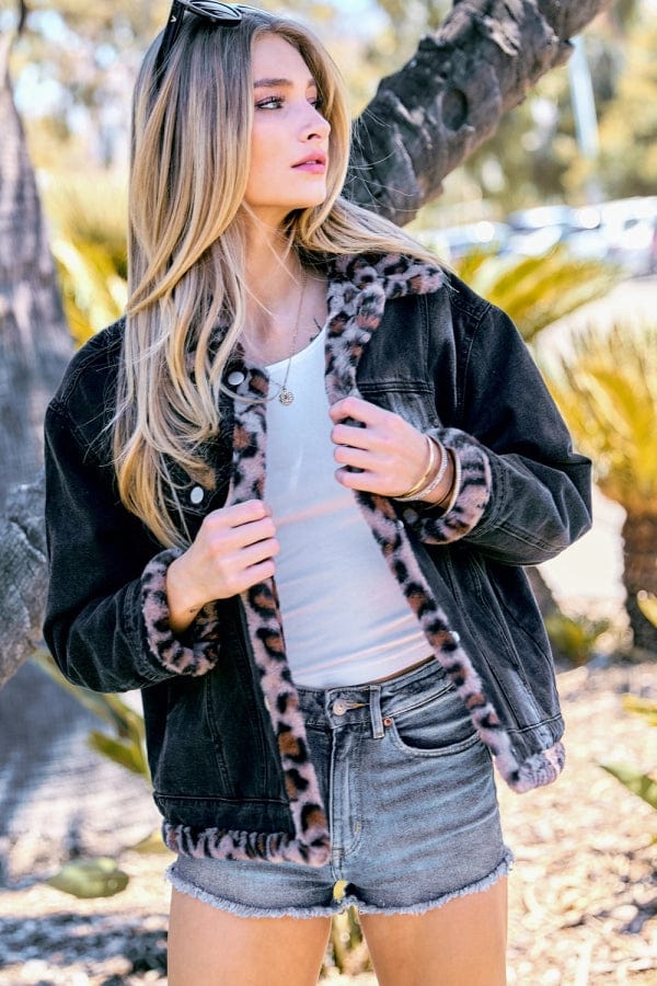 Davi & Dani Leopard Fur Lining Oversized Denim Jacket for Women in Black Denim