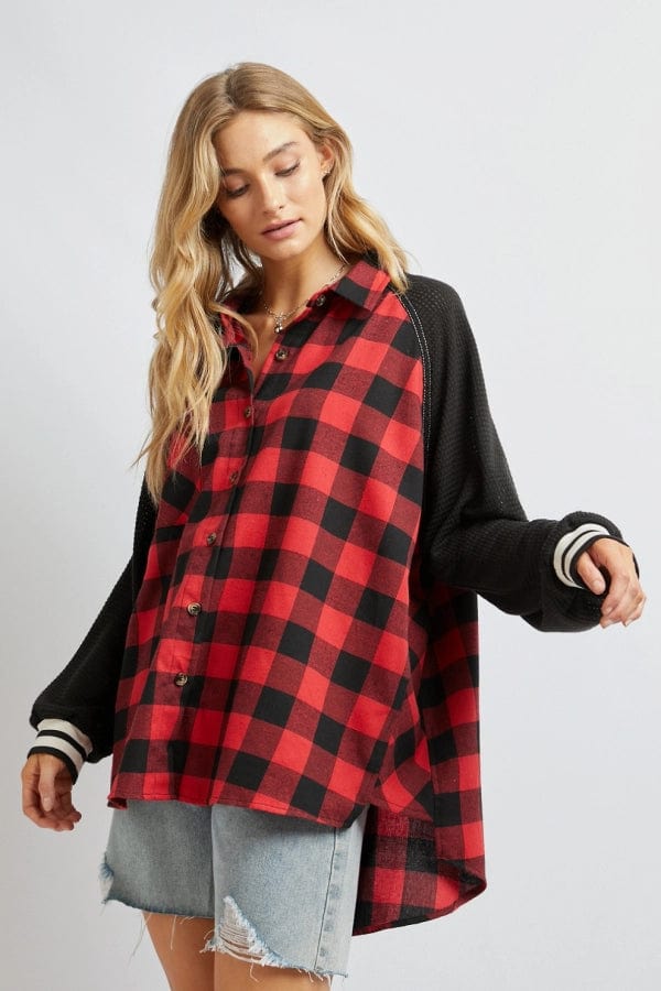 Davi & Dani Plaid Button Down Jacket for Women in Red or Black Sizes Small, Medium, Large, 1X, 2X, 3X