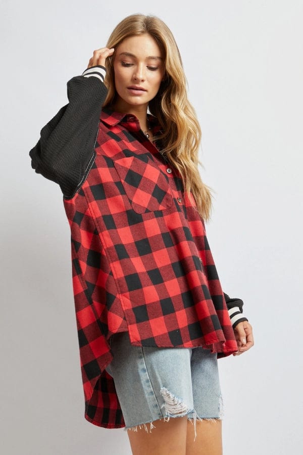 Davi & Dani Plaid Button Down Jacket for Women in Red or Black Sizes Small, Medium, Large, 1X, 2X, 3X