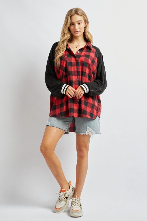 Davi & Dani Plaid Button Down Jacket for Women in Red or Black Sizes Small, Medium, Large, 1X, 2X, 3X