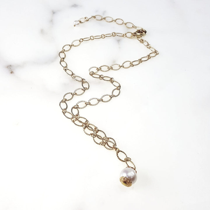 Delicate Etched Gold Chain Necklace with Single Freshwater Pearl