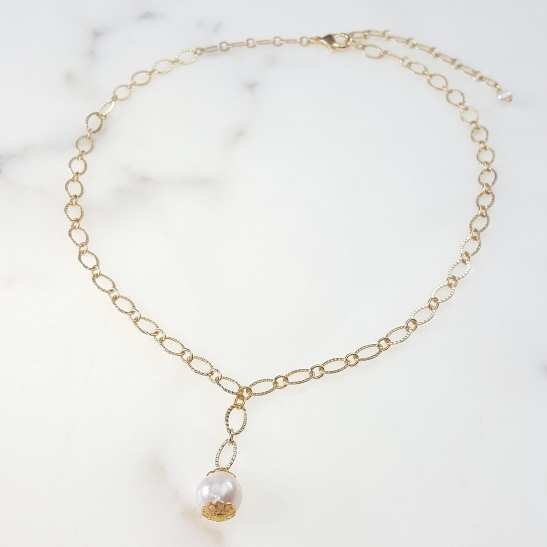 Delicate Etched Gold Chain Necklace with Single Freshwater Pearl