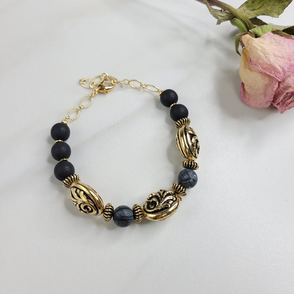 Handmade Bracelet with Vintage Beads, Charcoal Picasso Jasper Stone Beads and Etched Gold Plated Chain - Unique Glamorous Bracelet