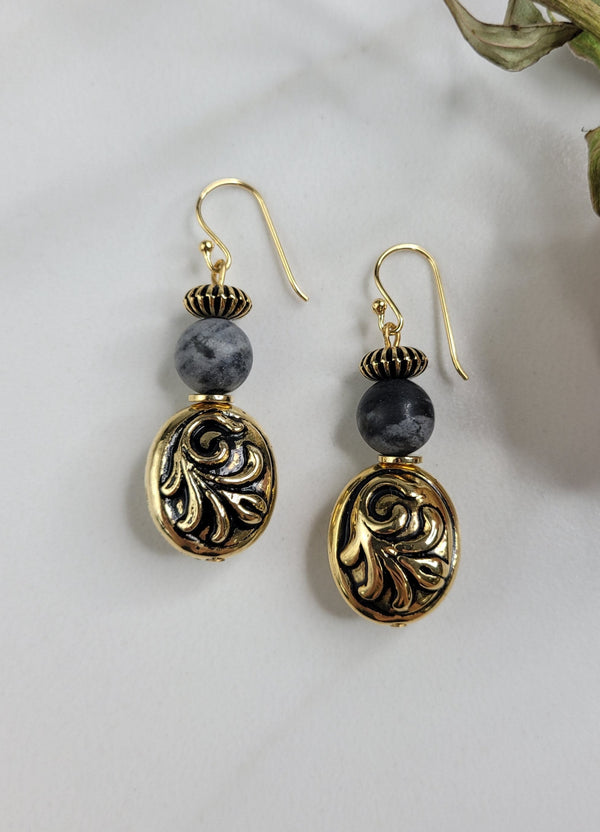 Handmade Earrings with Vintage Beads and Charcoal Picasso Jasper Stone Beads for Pierced Ears - Bold Gold and Black Dangle Earrings