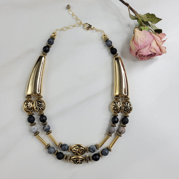 Handmade Necklace with Vintage Beads and Charcoal Picasso Jasper Stone Beads - Elegant Statement Piece Jewelry