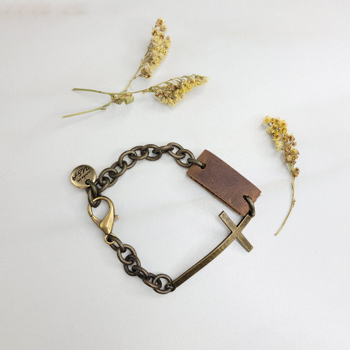 Handmade Chain and Leather Bracelet with Cross