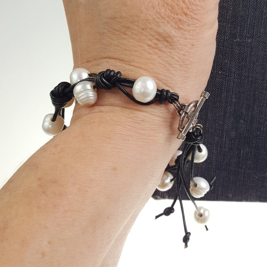 Double Pearl and Leather Braided Bracelet