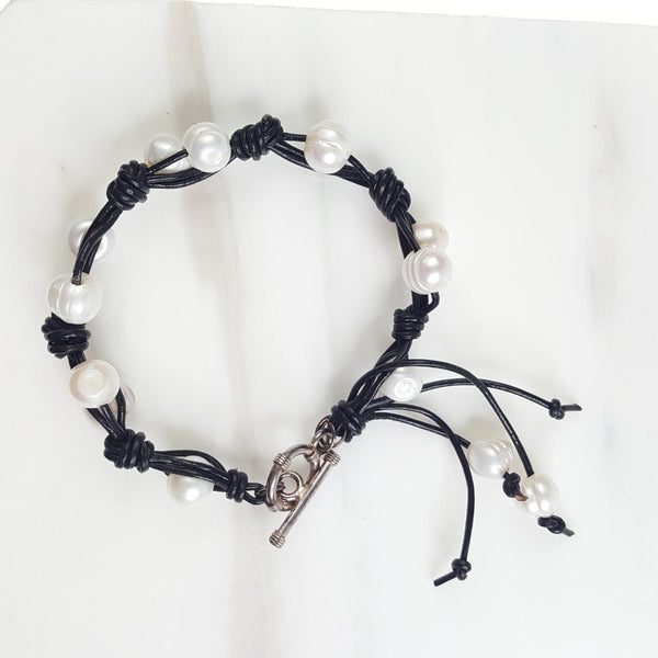Double Pearl and Leather Braided Bracelet