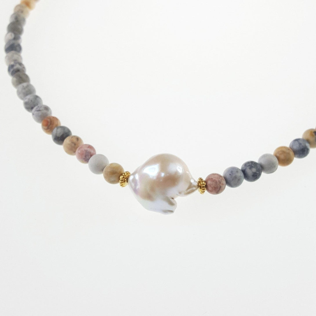 Earth Bound Sky Eye Jasper and Baroque Pearl Necklace