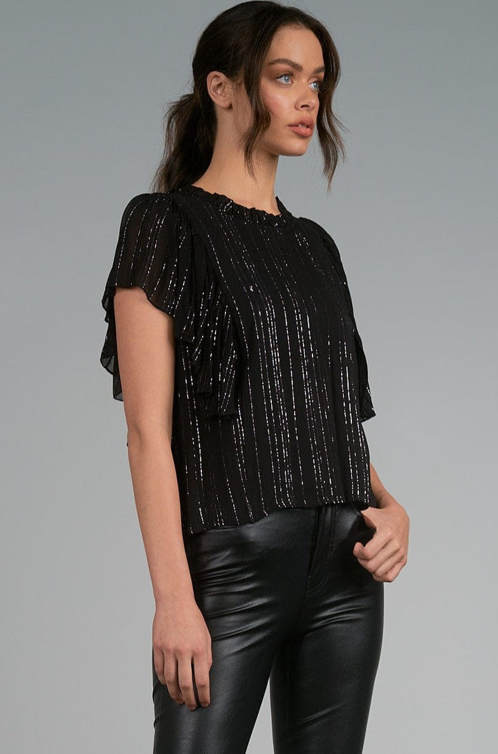 ELAN Short Flutter Sleeve Top in Black with Silver Stripe Accents