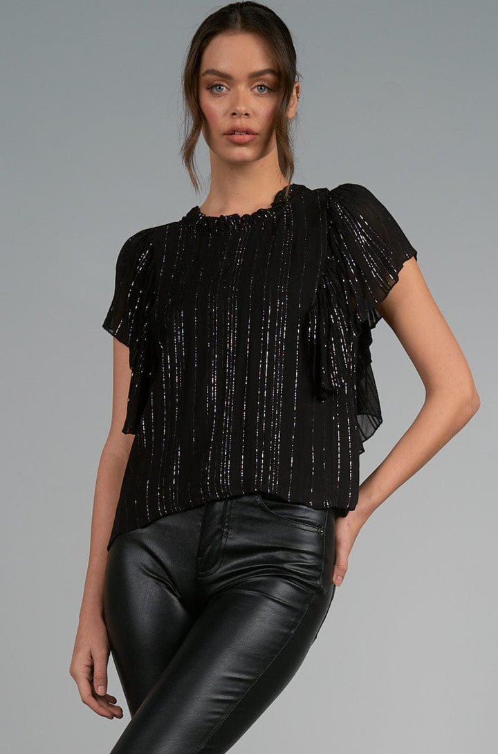 ELAN Short Flutter Sleeve Top in Black with Silver Stripe Accents