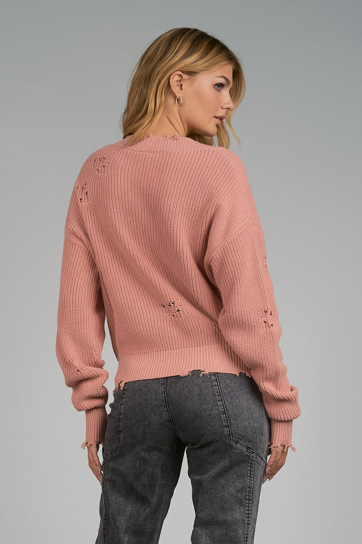 Elan Sweater V Neck Distressed in Mauve