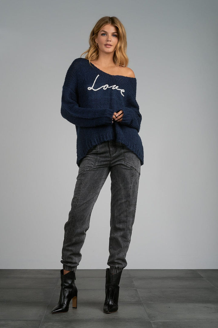 Elan Sweater V Neck with "Love" on Front in Mauve or Navy