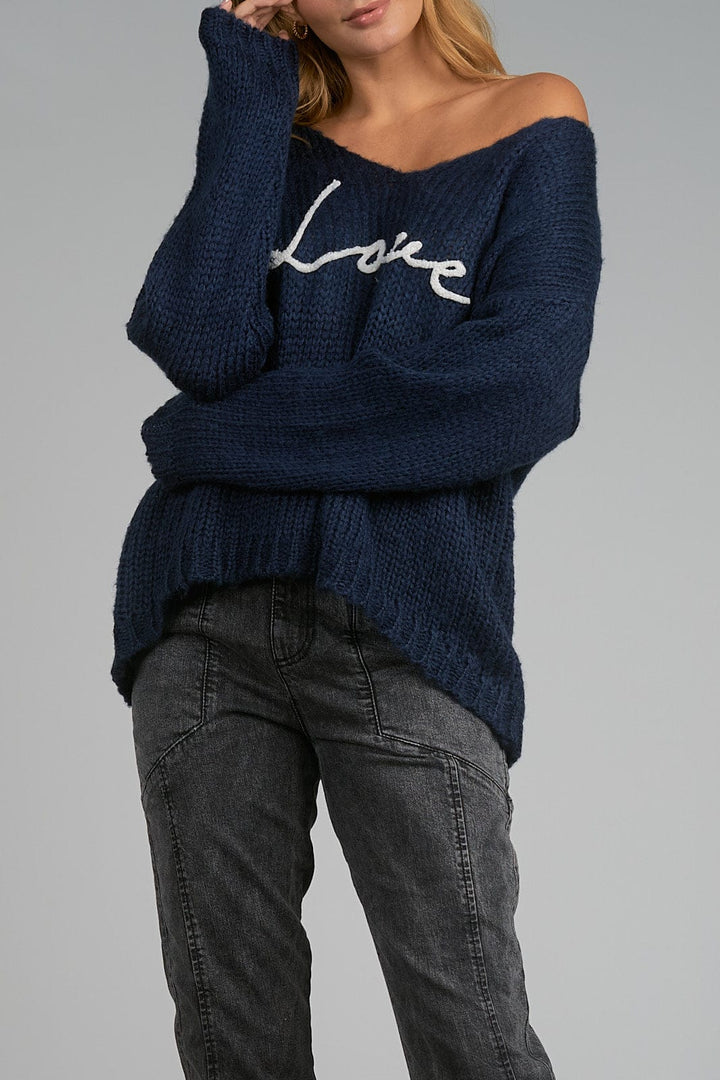 Elan Sweater V Neck with "Love" on Front in Mauve or Navy