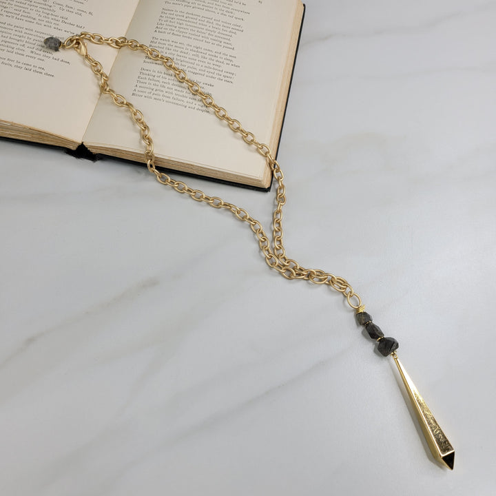 Handmade Necklace with Matte Gold Plated Cable Chain, Labradorite Stones, and Vintage Drop Element