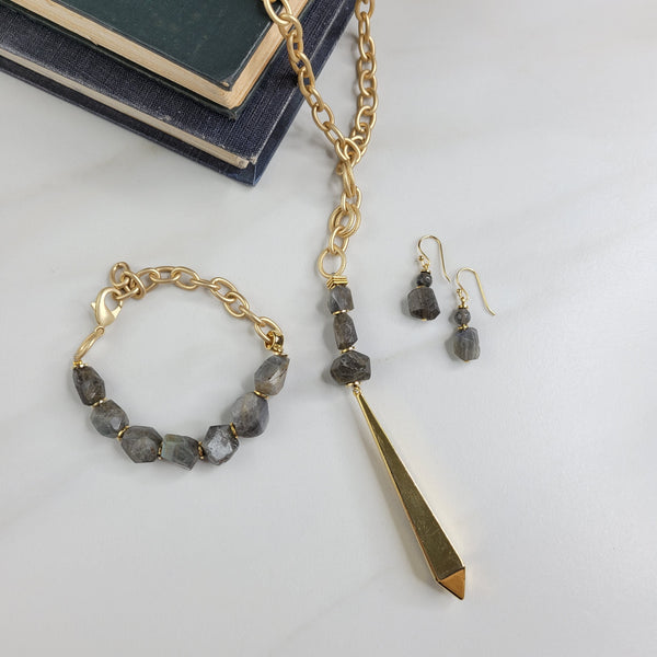 Empire Necklace Handmade with Matte Gold Chain, Labradorite Stones, and Vintage Center Element