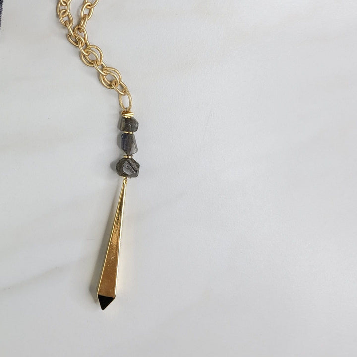 Empire Necklace Handmade with Matte Gold Chain, Labradorite Stones, and Vintage Center Element